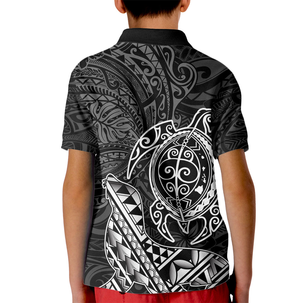 Hawaii Monk Seal and Dolphin Kid Polo Shirt Polynesian Kakau Pattern Black White Color