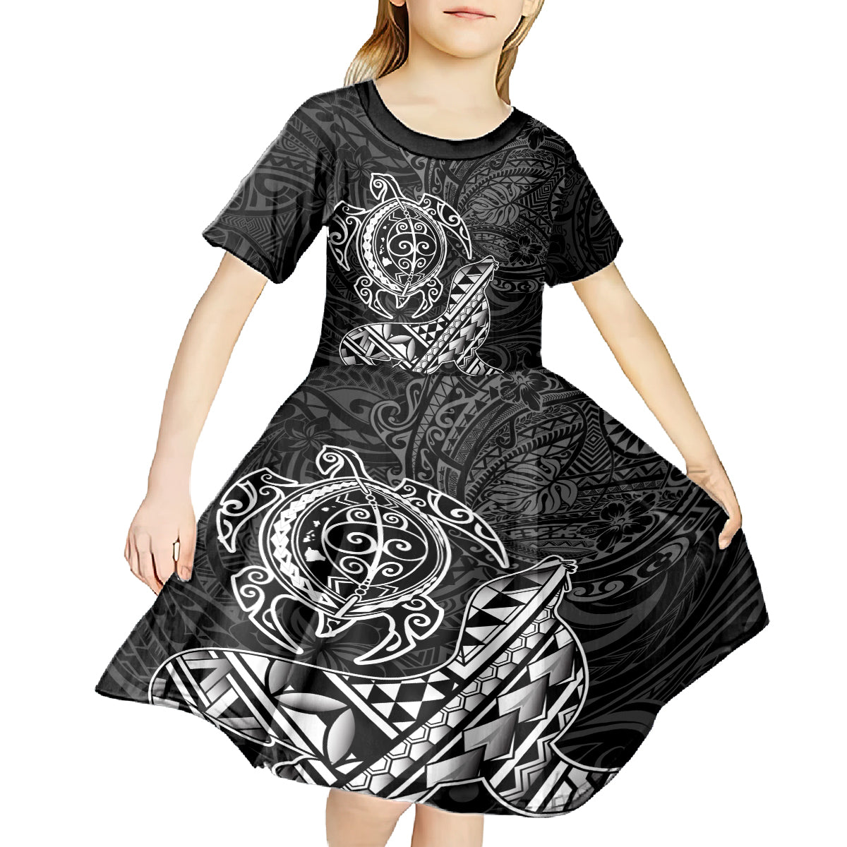 Hawaii Monk Seal and Dolphin Kid Short Sleeve Dress Polynesian Kakau Pattern Black White Color