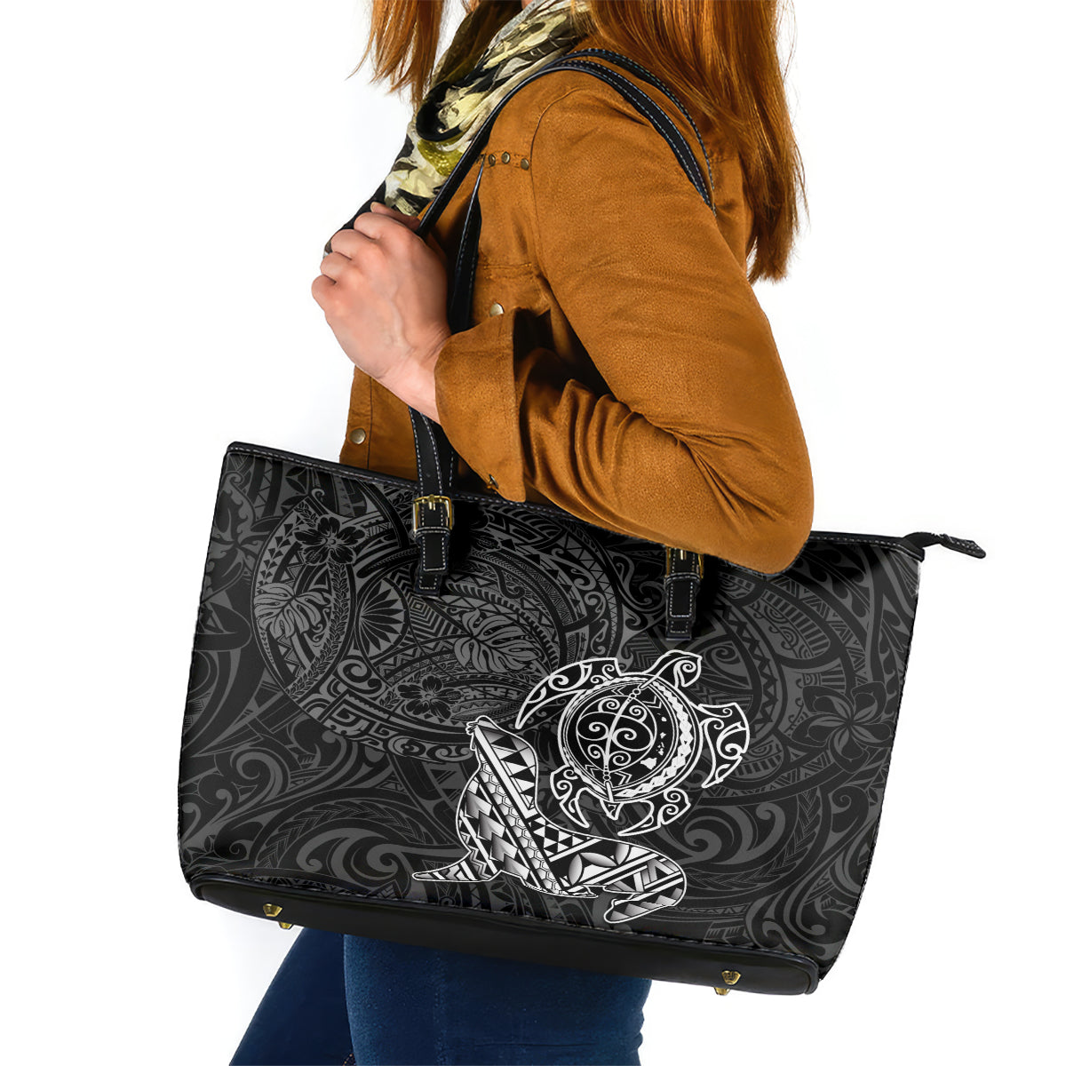 Hawaii Monk Seal and Dolphin Leather Tote Bag Polynesian Kakau Pattern Black White Color LT03 Black - Polynesian Pride