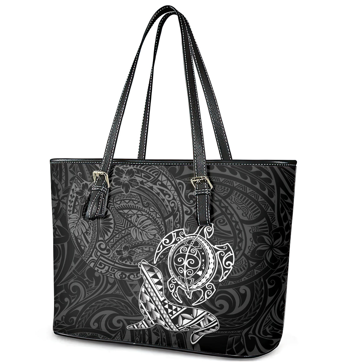 Hawaii Monk Seal and Dolphin Leather Tote Bag Polynesian Kakau Pattern Black White Color LT03 - Polynesian Pride