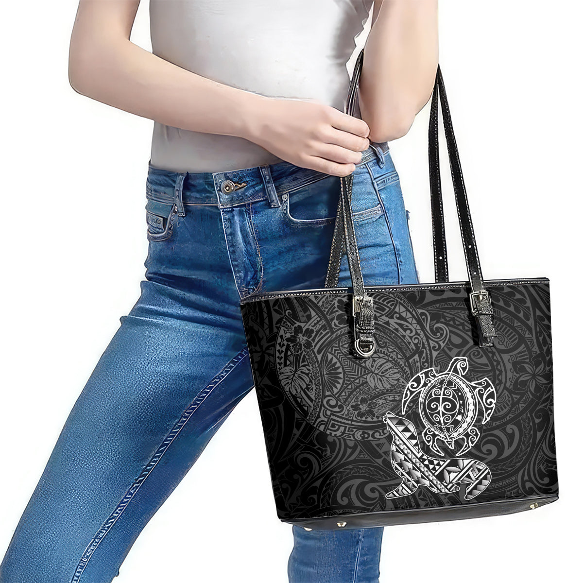 Hawaii Monk Seal and Dolphin Leather Tote Bag Polynesian Kakau Pattern Black White Color LT03 - Polynesian Pride