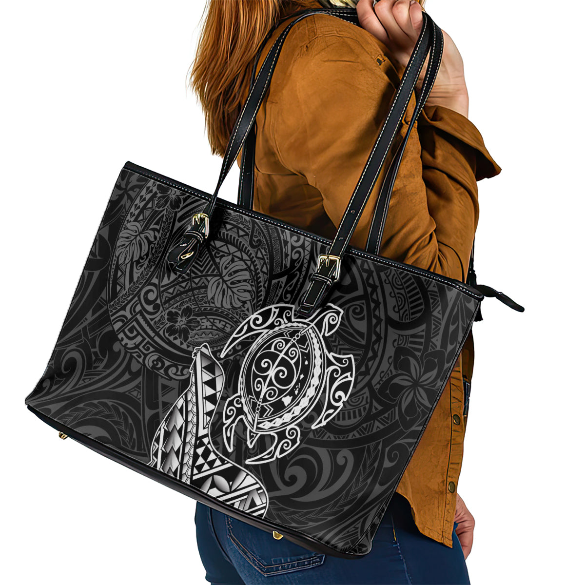 Hawaii Monk Seal and Dolphin Leather Tote Bag Polynesian Kakau Pattern Black White Color LT03 - Polynesian Pride