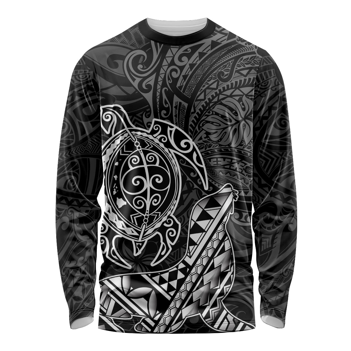 Hawaii Monk Seal and Dolphin Long Sleeve Shirt Polynesian Kakau Pattern Black White Color