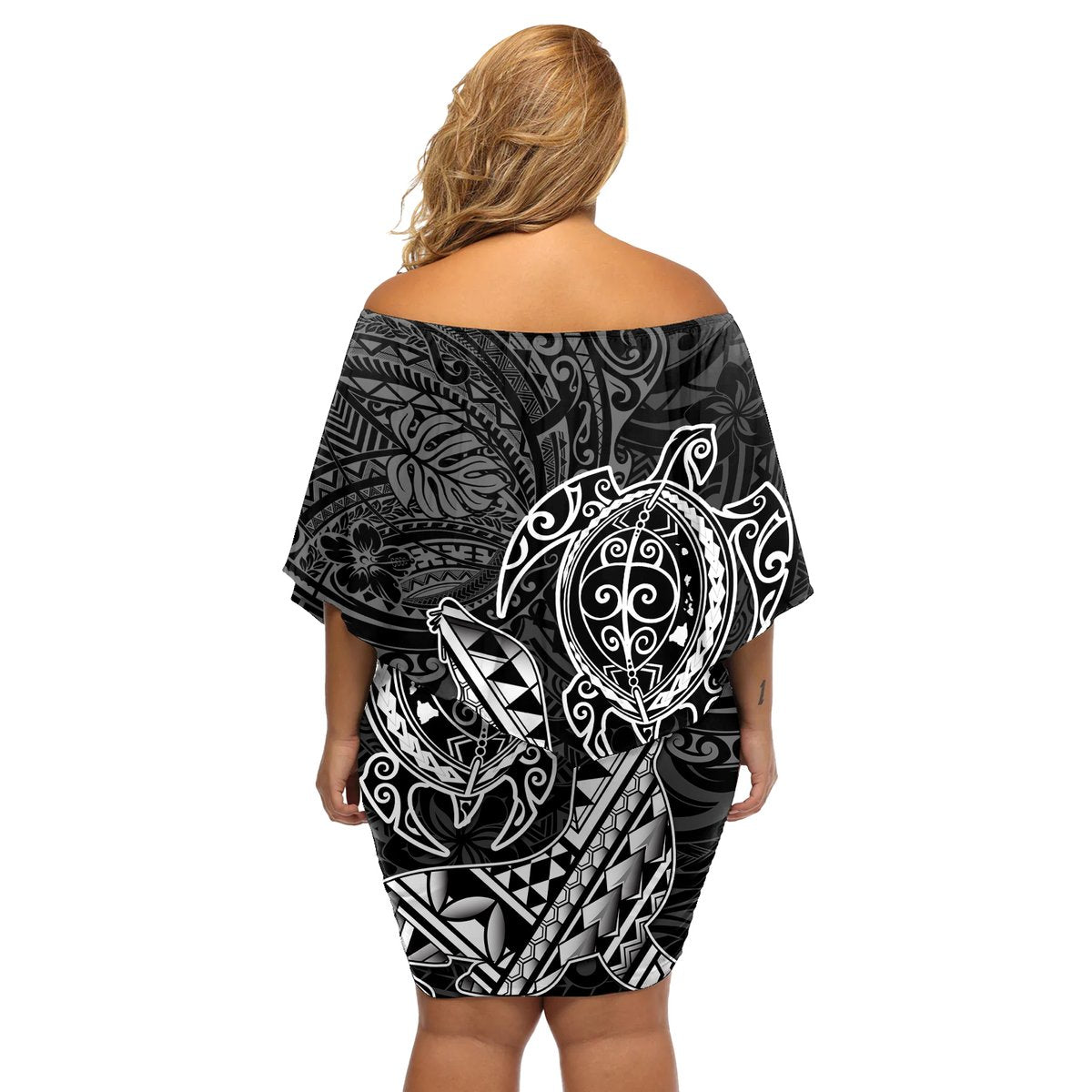 Hawaii Monk Seal and Dolphin Off Shoulder Short Dress Polynesian Kakau Pattern Black White Color LT03 - Polynesian Pride