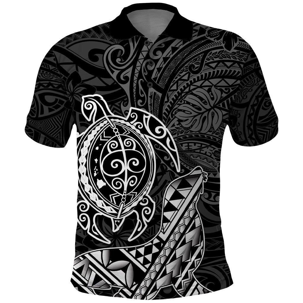 Hawaii Monk Seal and Dolphin Polo Shirt Polynesian Kakau Pattern Black White Color