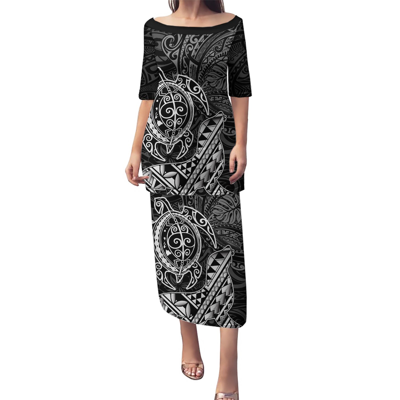 Hawaii Monk Seal and Dolphin Puletasi Polynesian Kakau Pattern Black White Color LT03 Long Dress Black - Polynesian Pride