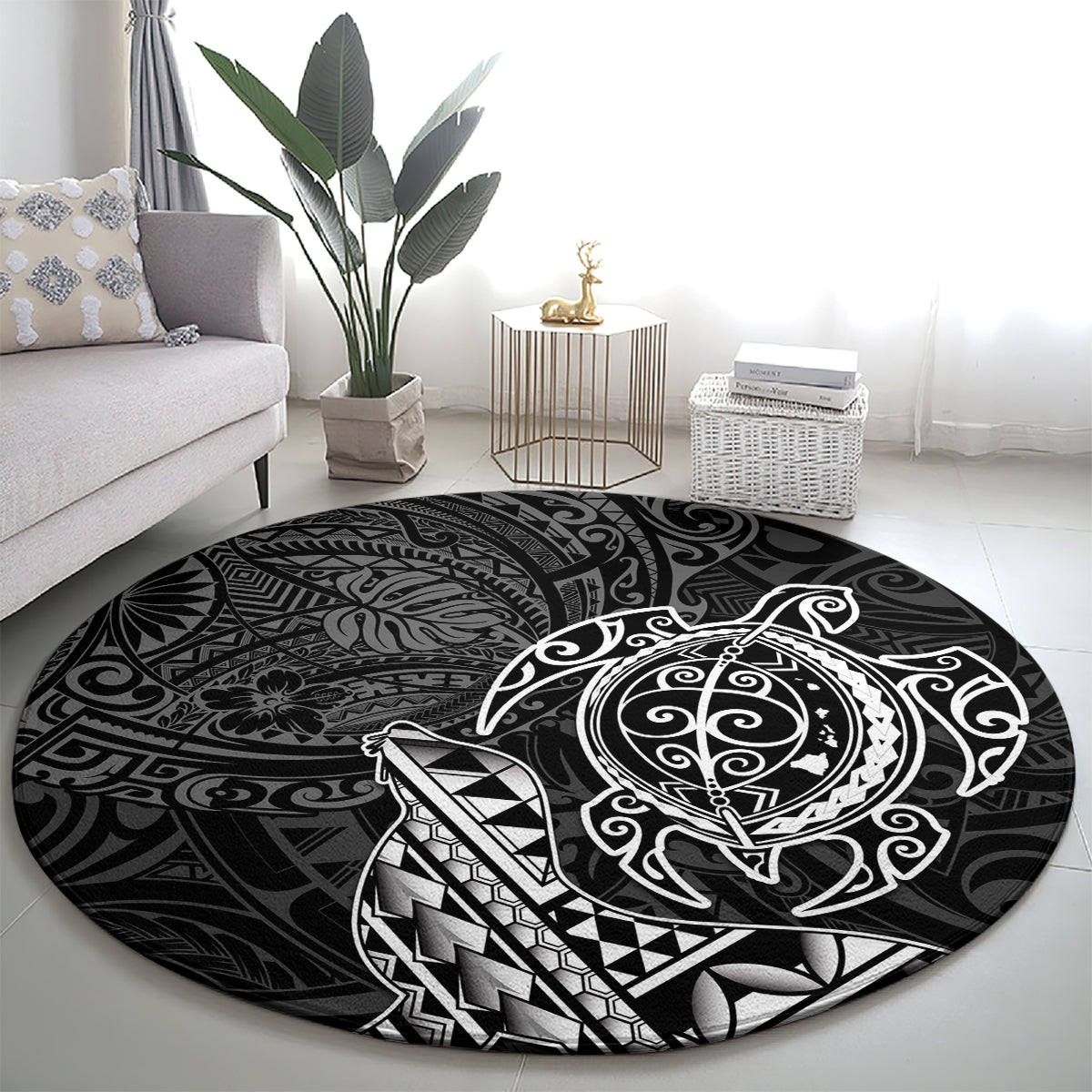 Hawaii Monk Seal and Dolphin Round Carpet Polynesian Kakau Pattern Black White Color