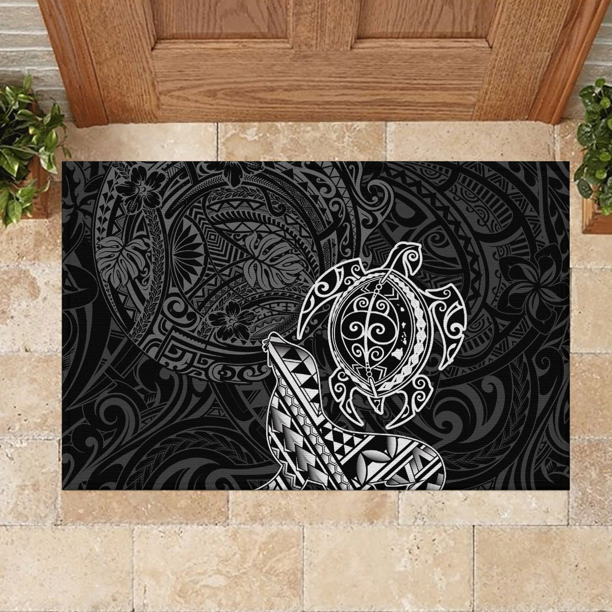 Hawaii Monk Seal and Dolphin Rubber Doormat Polynesian Kakau Pattern Black White Color LT03 - Polynesian Pride