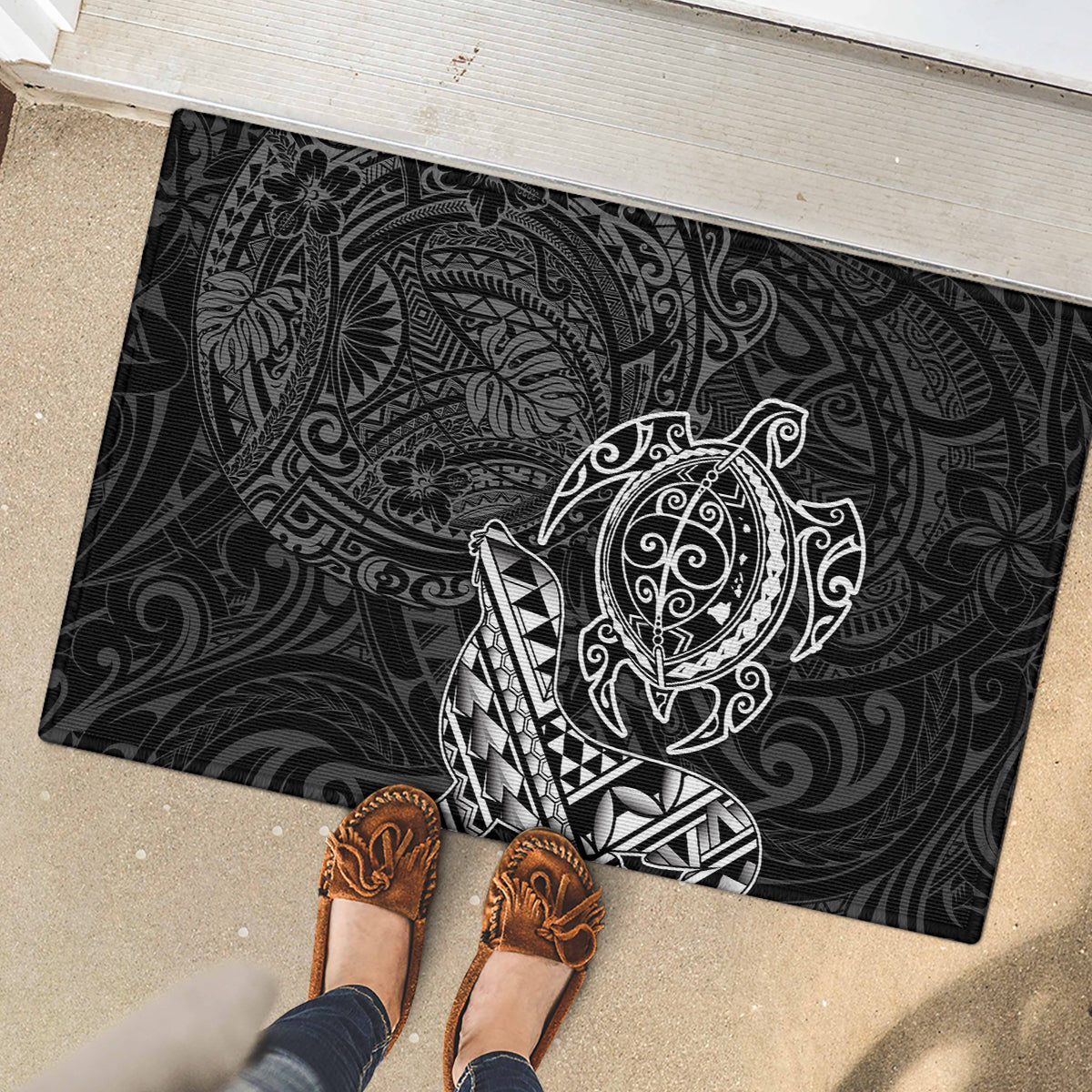 Hawaii Monk Seal and Dolphin Rubber Doormat Polynesian Kakau Pattern Black White Color LT03 - Polynesian Pride