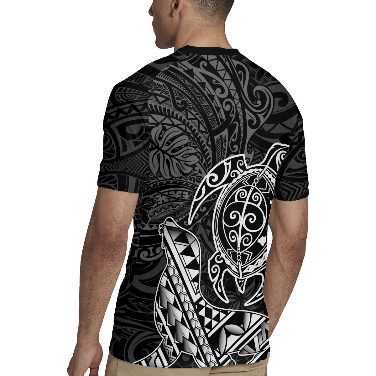 Hawaii Monk Seal and Dolphin Rugby Jersey Polynesian Kakau Pattern Black White Color LT03 - Polynesian Pride