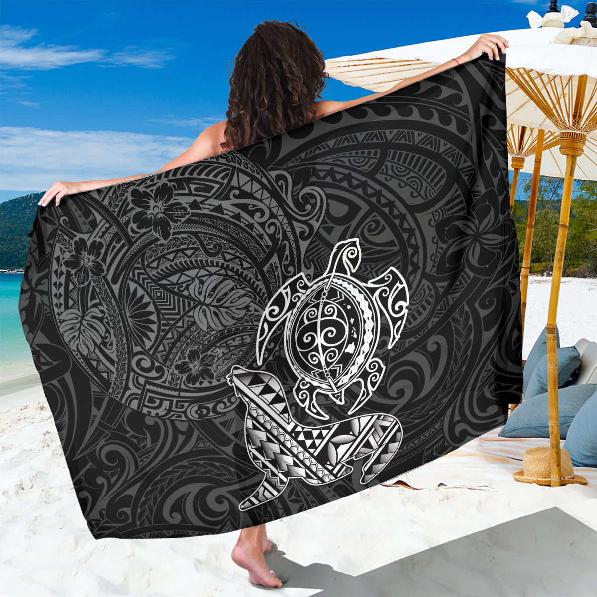Hawaii Monk Seal and Dolphin Sarong Polynesian Kakau Pattern Black White Color