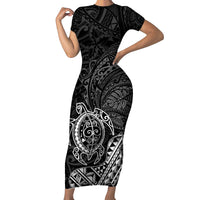 Hawaii Monk Seal and Dolphin Short Sleeve Bodycon Dress Polynesian Kakau Pattern Black White Color