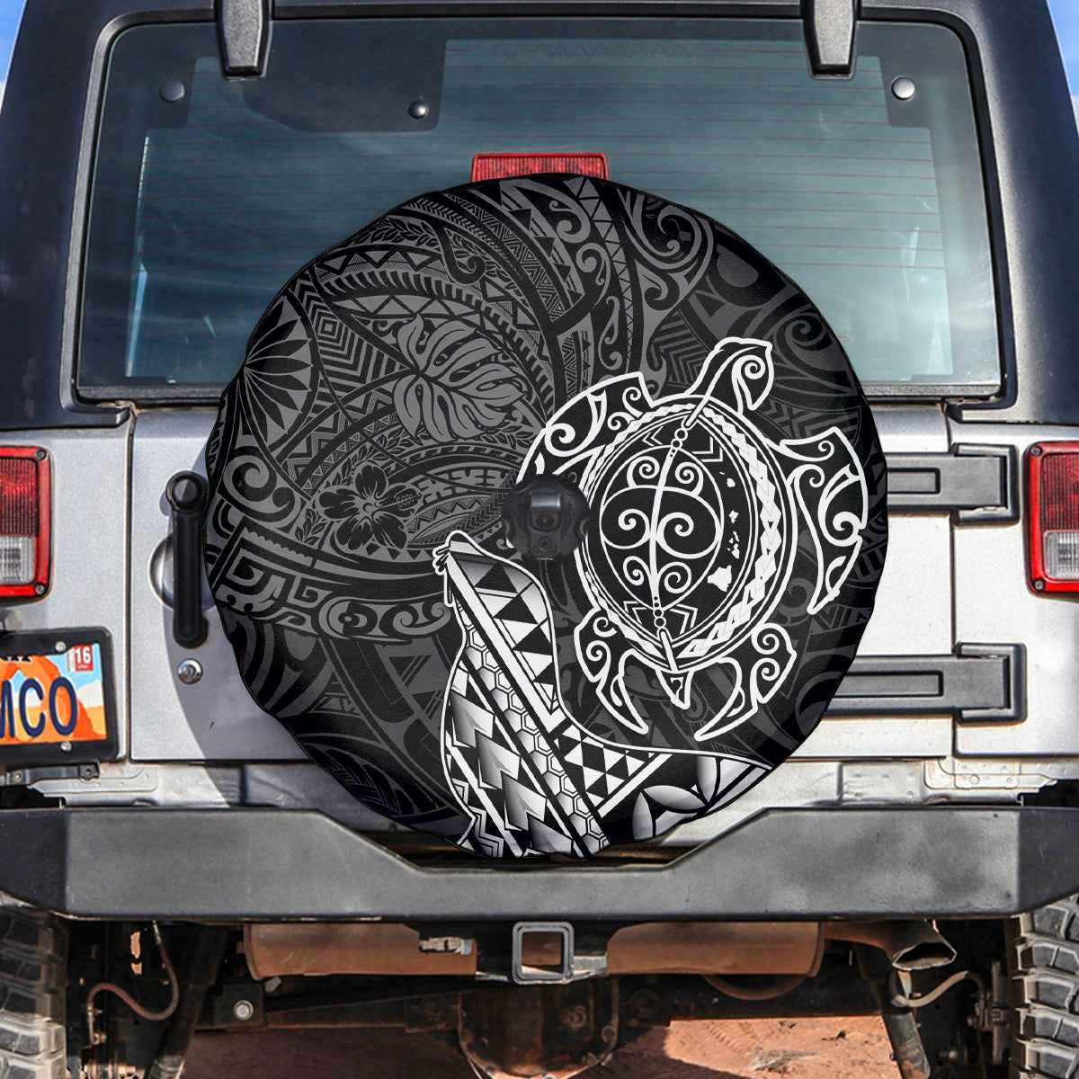 Hawaii Monk Seal and Dolphin Spare Tire Cover Polynesian Kakau Pattern Black White Color LT03 Black - Polynesian Pride