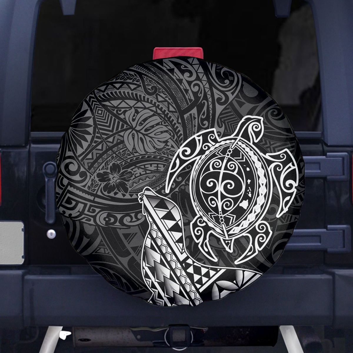 Hawaii Monk Seal and Dolphin Spare Tire Cover Polynesian Kakau Pattern Black White Color LT03 - Polynesian Pride