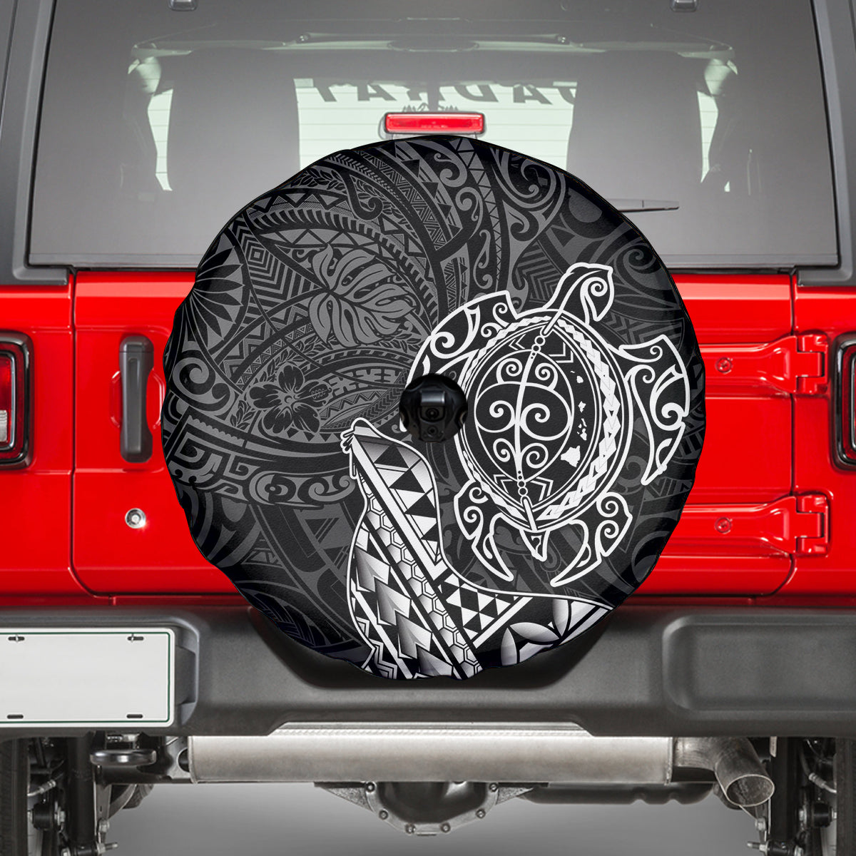 Hawaii Monk Seal and Dolphin Spare Tire Cover Polynesian Kakau Pattern Black White Color LT03 - Polynesian Pride