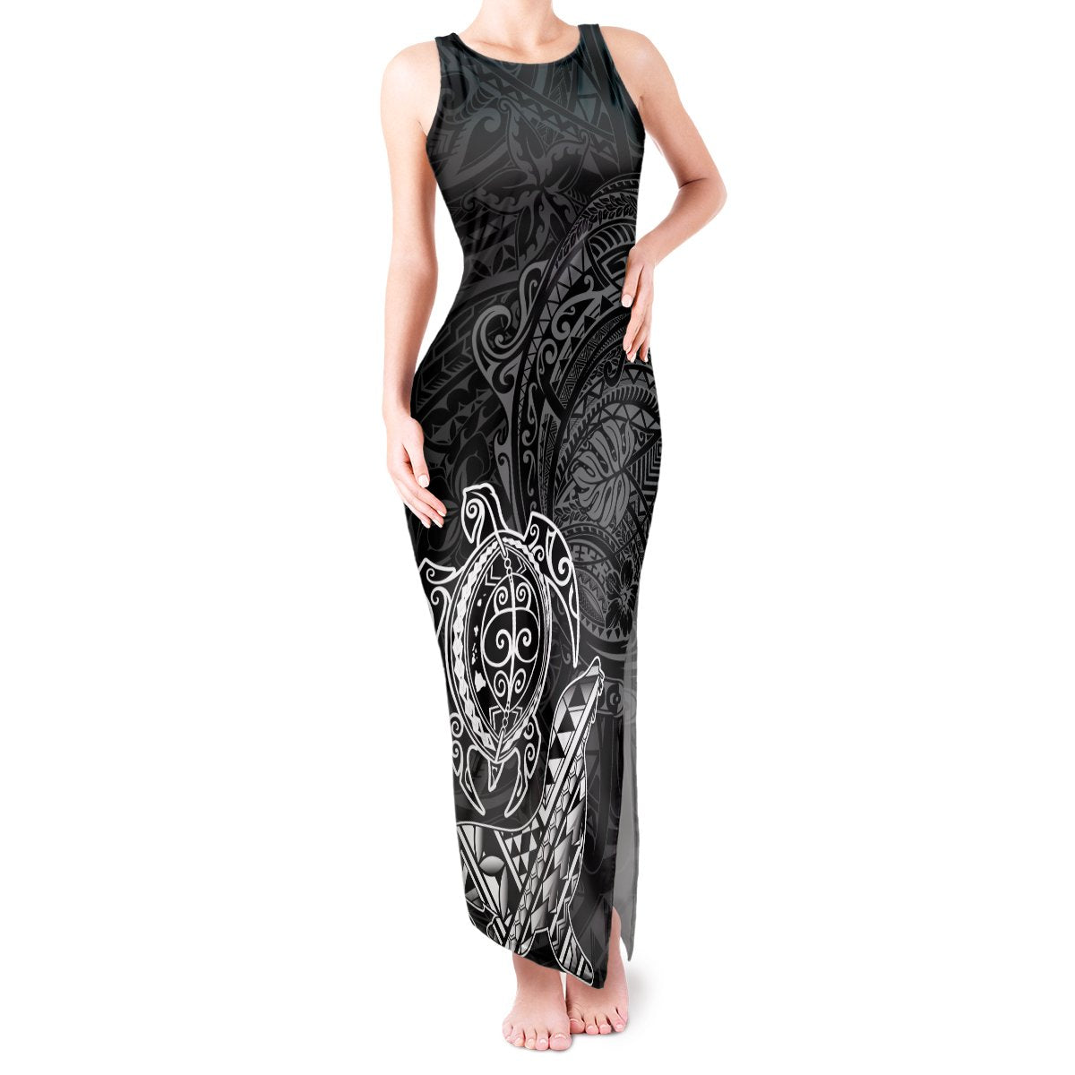 Hawaii Monk Seal and Dolphin Tank Maxi Dress Polynesian Kakau Pattern Black White Color LT03 Women Black - Polynesian Pride