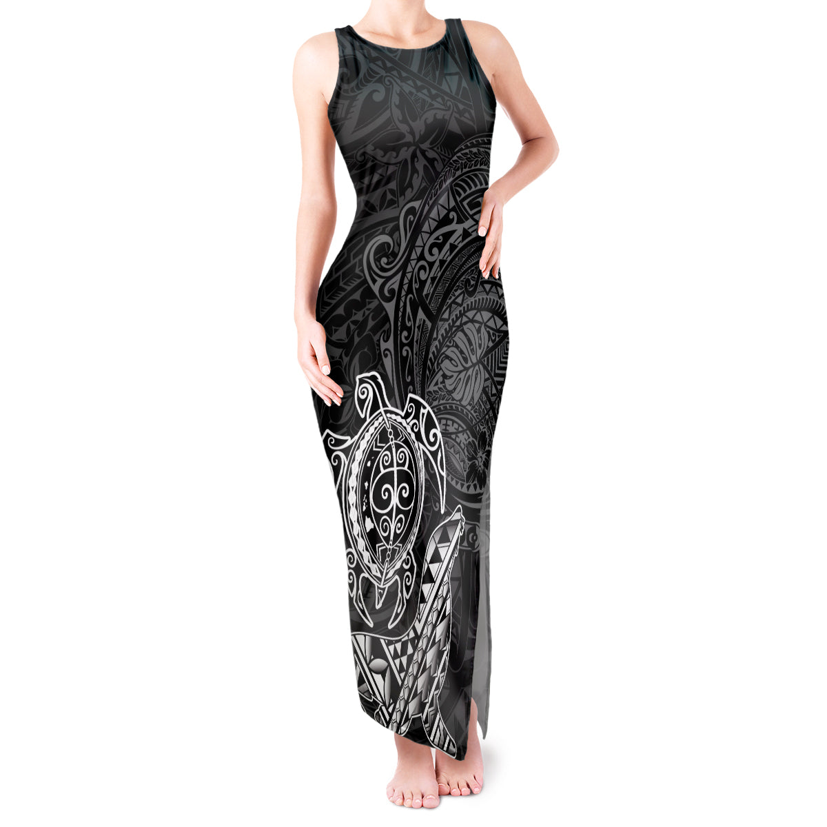 Hawaii Monk Seal and Dolphin Tank Maxi Dress Polynesian Kakau Pattern Black White Color