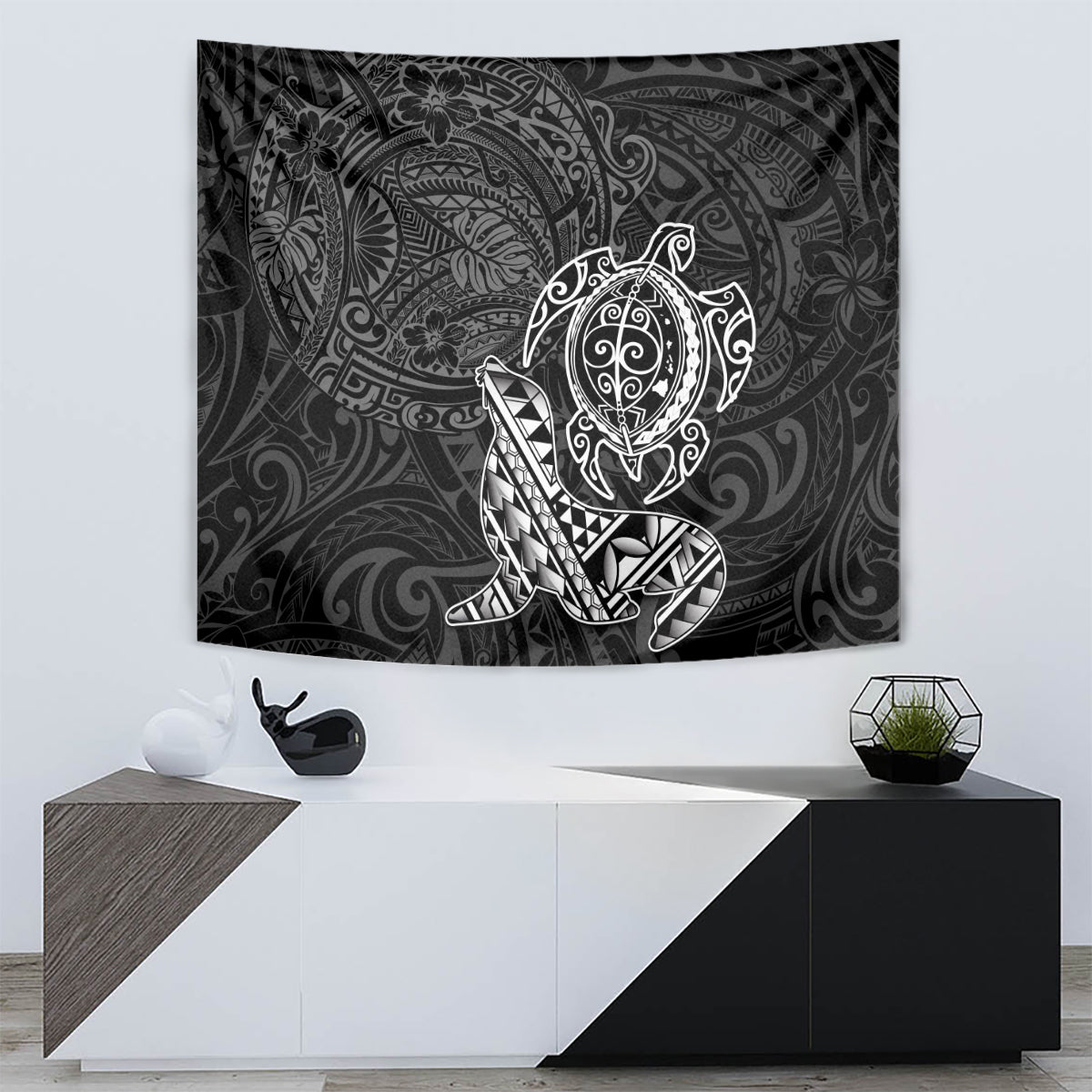 Hawaii Monk Seal and Dolphin Tapestry Polynesian Kakau Pattern Black White Color