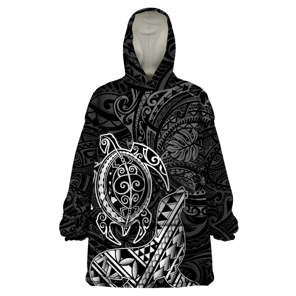 Hawaii Monk Seal and Dolphin Wearable Blanket Hoodie Polynesian Kakau Pattern Black White Color