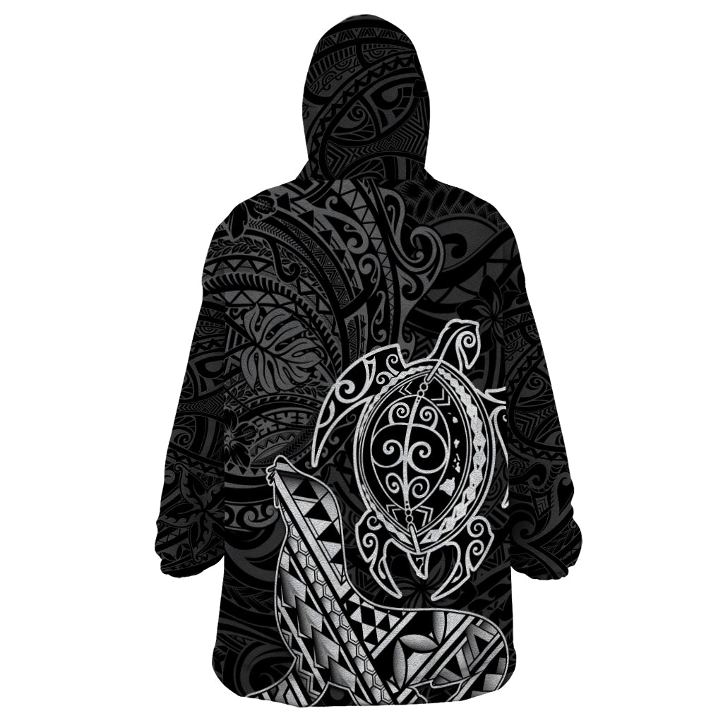 Hawaii Monk Seal and Dolphin Wearable Blanket Hoodie Polynesian Kakau Pattern Black White Color LT03 - Polynesian Pride