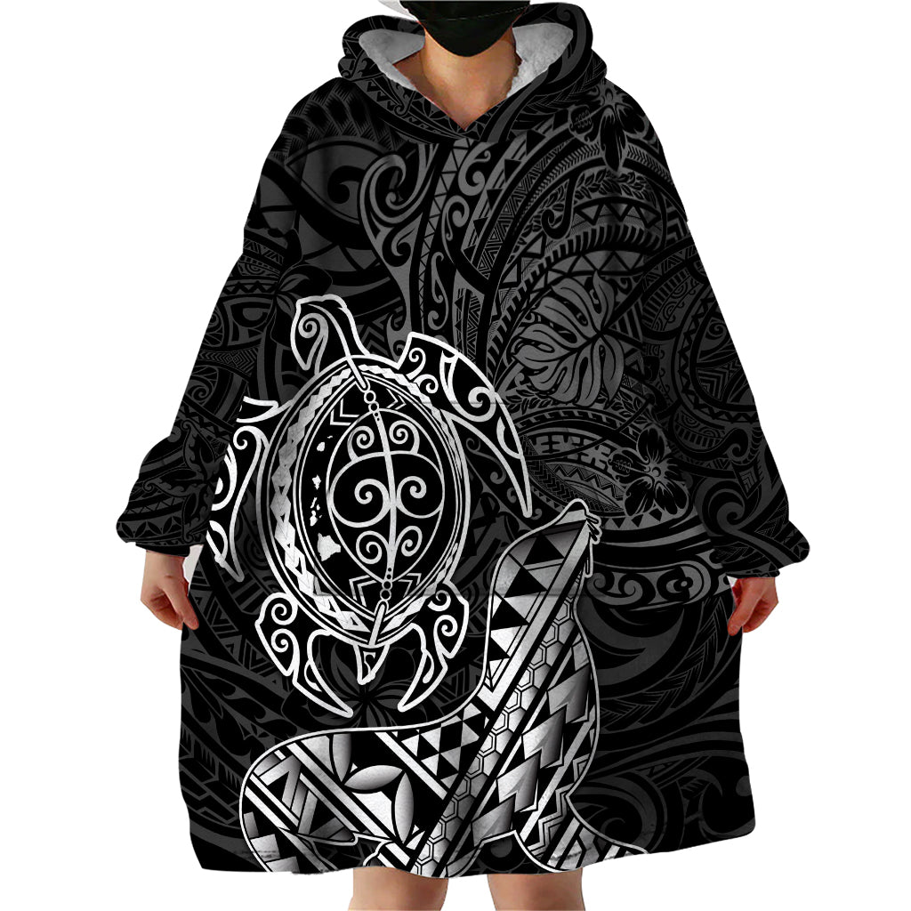 Hawaii Monk Seal and Dolphin Wearable Blanket Hoodie Polynesian Kakau Pattern Black White Color LT03 - Polynesian Pride