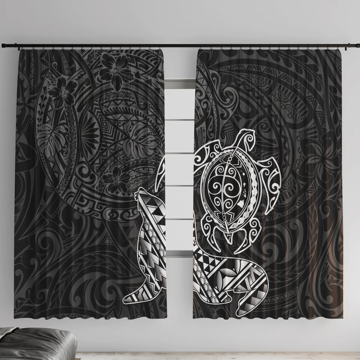 Hawaii Monk Seal and Dolphin Window Curtain Polynesian Kakau Pattern Black White Color LT03 With Hooks Black - Polynesian Pride