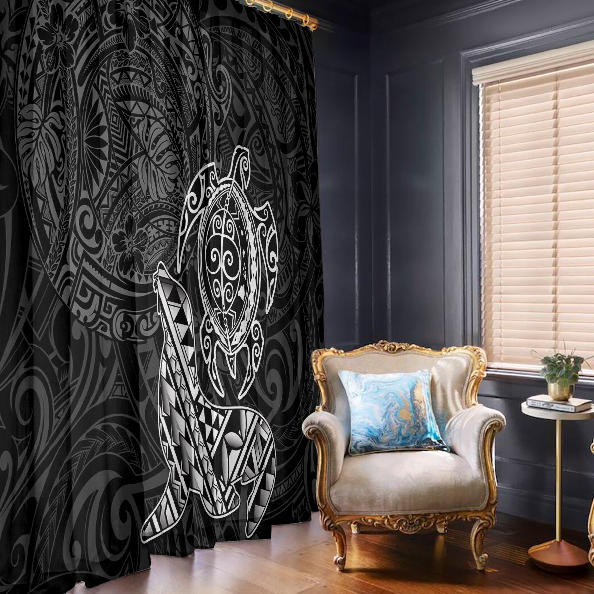 Hawaii Monk Seal and Dolphin Window Curtain Polynesian Kakau Pattern Black White Color LT03 - Polynesian Pride