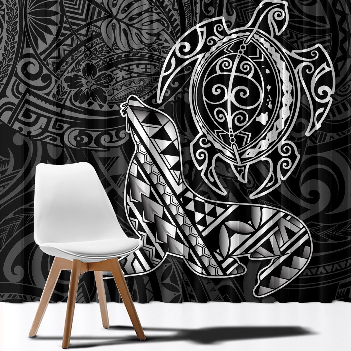 Hawaii Monk Seal and Dolphin Window Curtain Polynesian Kakau Pattern Black White Color LT03 - Polynesian Pride