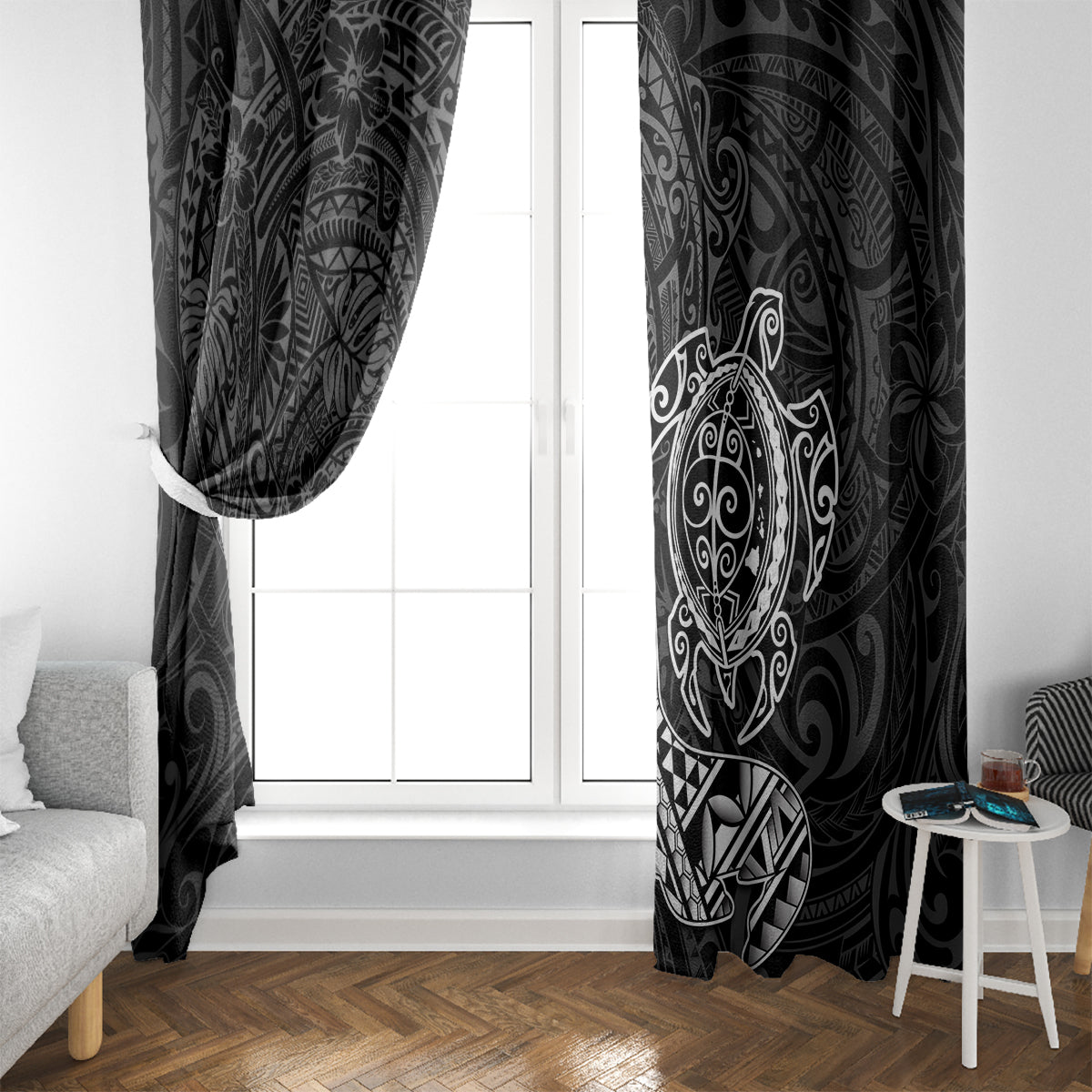 Hawaii Monk Seal and Dolphin Window Curtain Polynesian Kakau Pattern Black White Color LT03 - Polynesian Pride