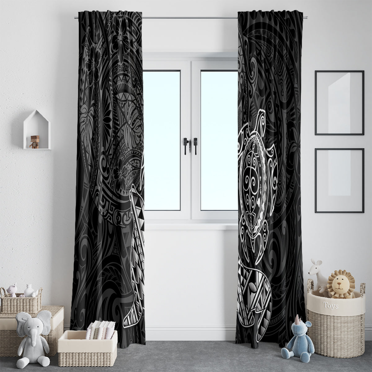 Hawaii Monk Seal and Dolphin Window Curtain Polynesian Kakau Pattern Black White Color LT03 - Polynesian Pride