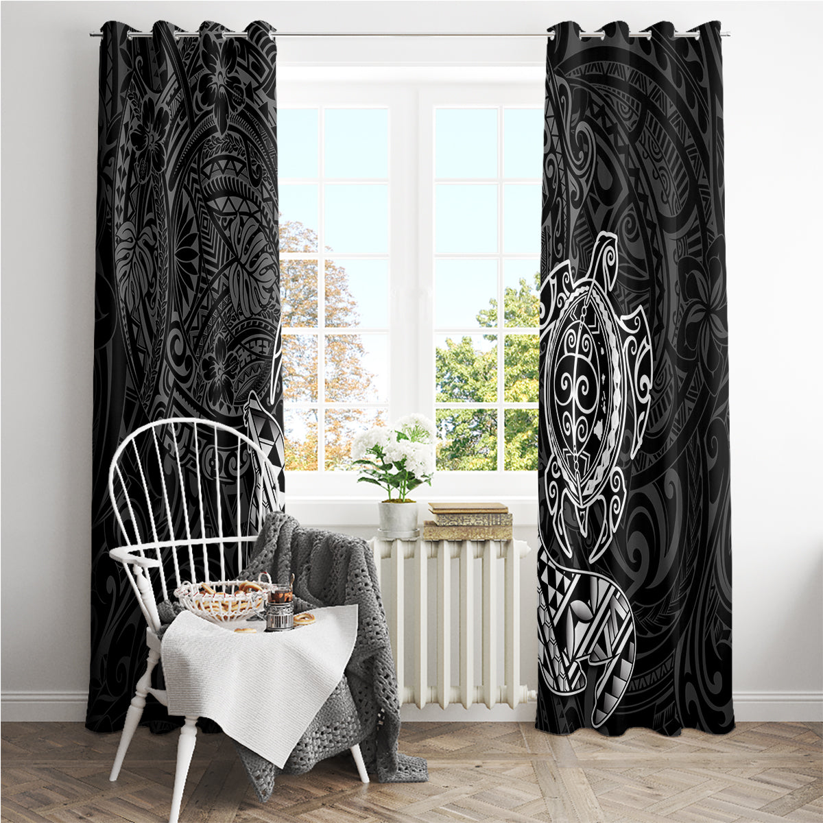 Hawaii Monk Seal and Dolphin Window Curtain Polynesian Kakau Pattern Black White Color LT03 - Polynesian Pride