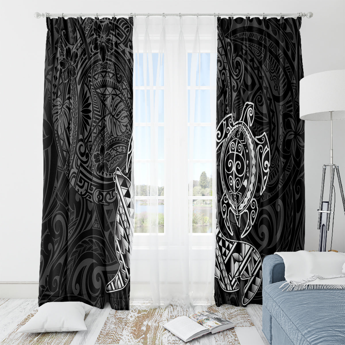 Hawaii Monk Seal and Dolphin Window Curtain Polynesian Kakau Pattern Black White Color LT03 - Polynesian Pride