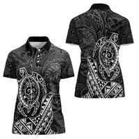 Hawaii Monk Seal and Dolphin Women Polo Shirt Polynesian Kakau Pattern Black White Color