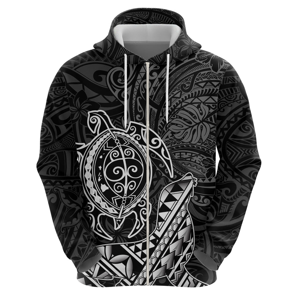 Hawaii Monk Seal and Dolphin Zip Hoodie Polynesian Kakau Pattern Black White Color