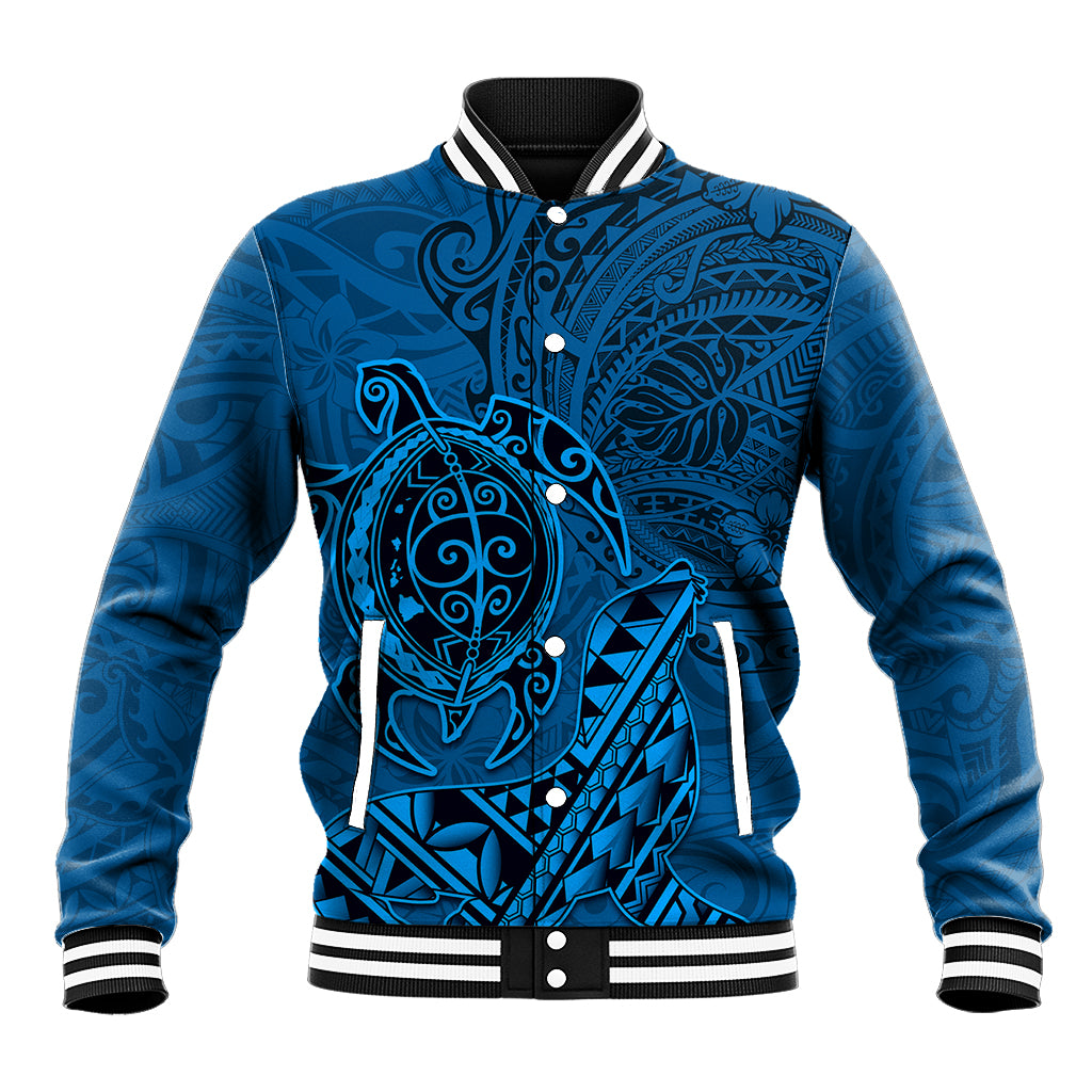 Hawaii Monk Seal and Dolphin Baseball Jacket Polynesian Kakau Pattern Blue LT03 Unisex Blue - Polynesian Pride