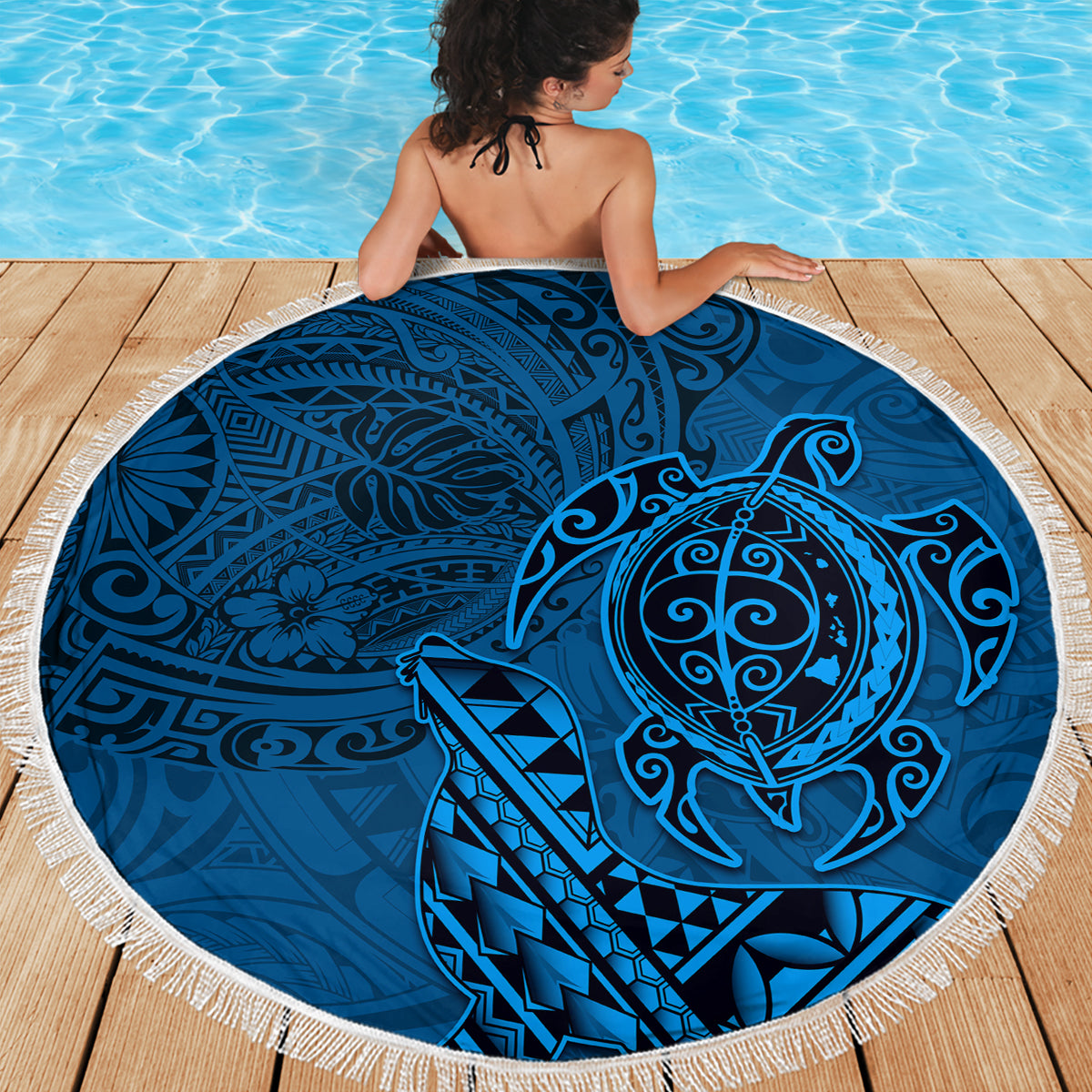 Hawaii Monk Seal and Dolphin Beach Blanket Polynesian Kakau Pattern Blue LT03 - Polynesian Pride