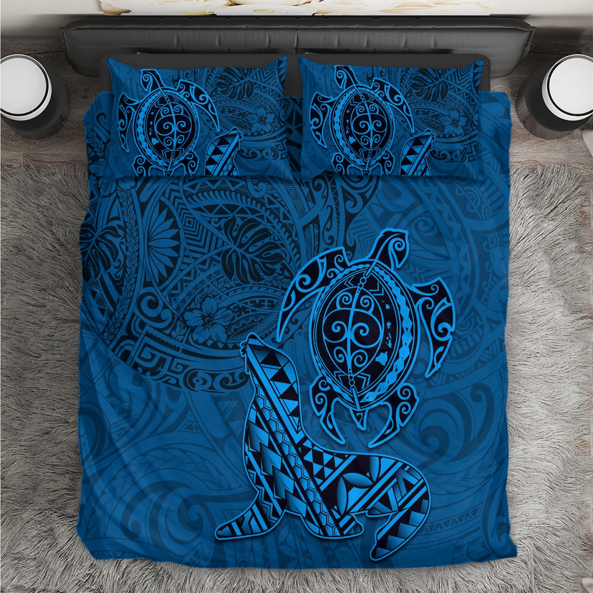 Hawaii Monk Seal and Dolphin Bedding Set Polynesian Kakau Pattern Blue LT03 Blue - Polynesian Pride
