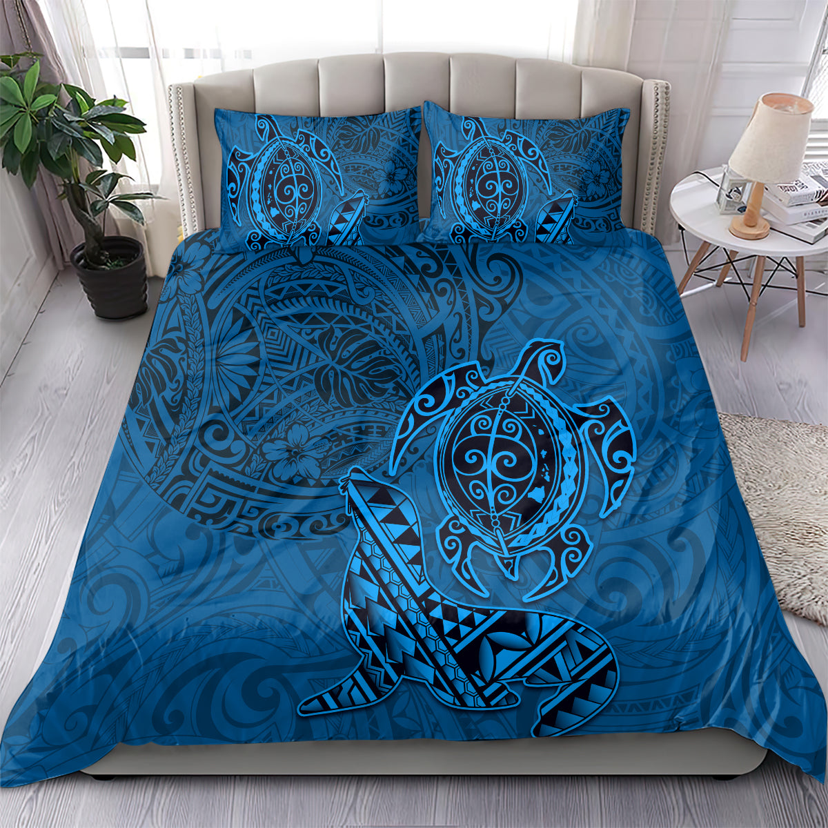Hawaii Monk Seal and Dolphin Bedding Set Polynesian Kakau Pattern Blue LT03 - Polynesian Pride