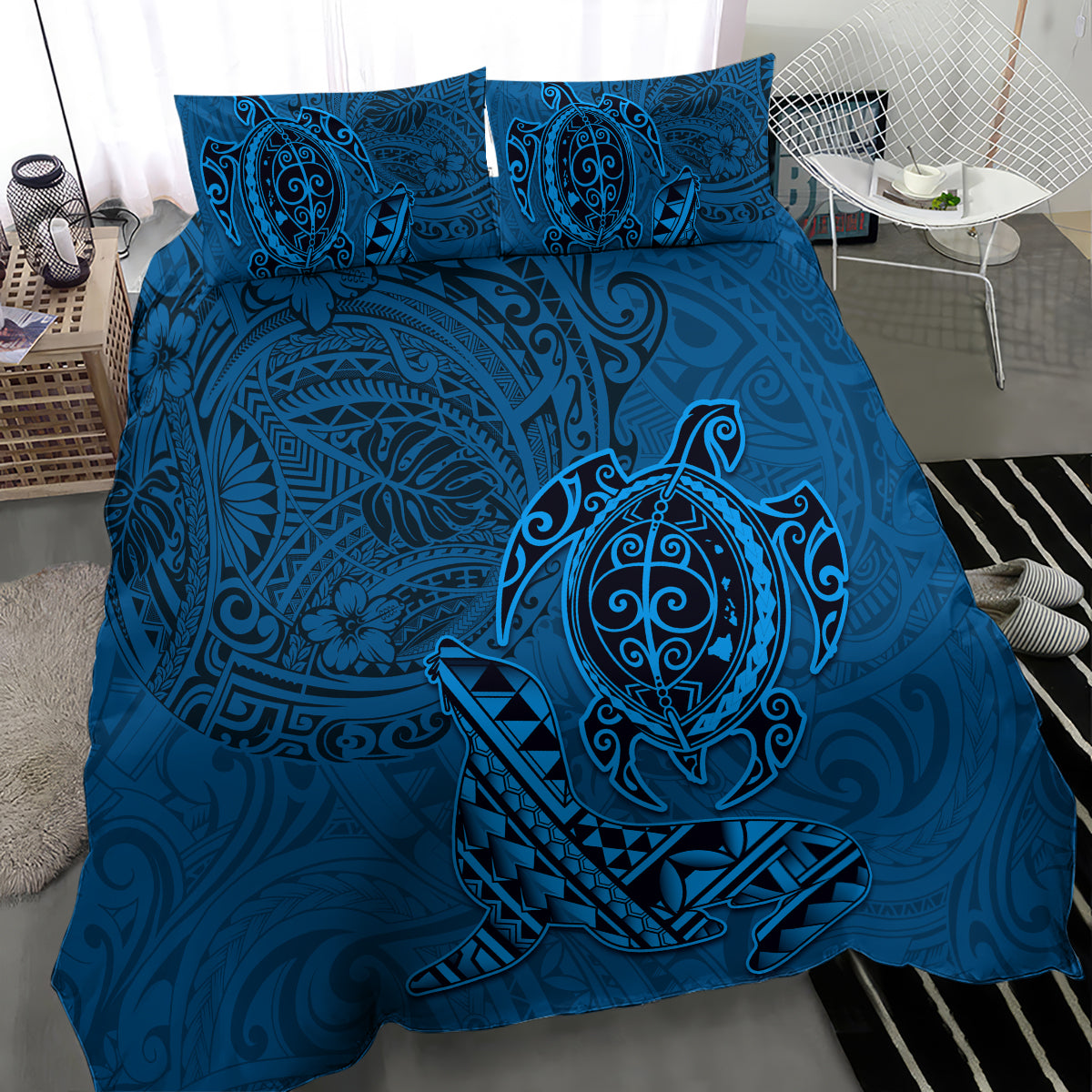 Hawaii Monk Seal and Dolphin Bedding Set Polynesian Kakau Pattern Blue LT03 - Polynesian Pride