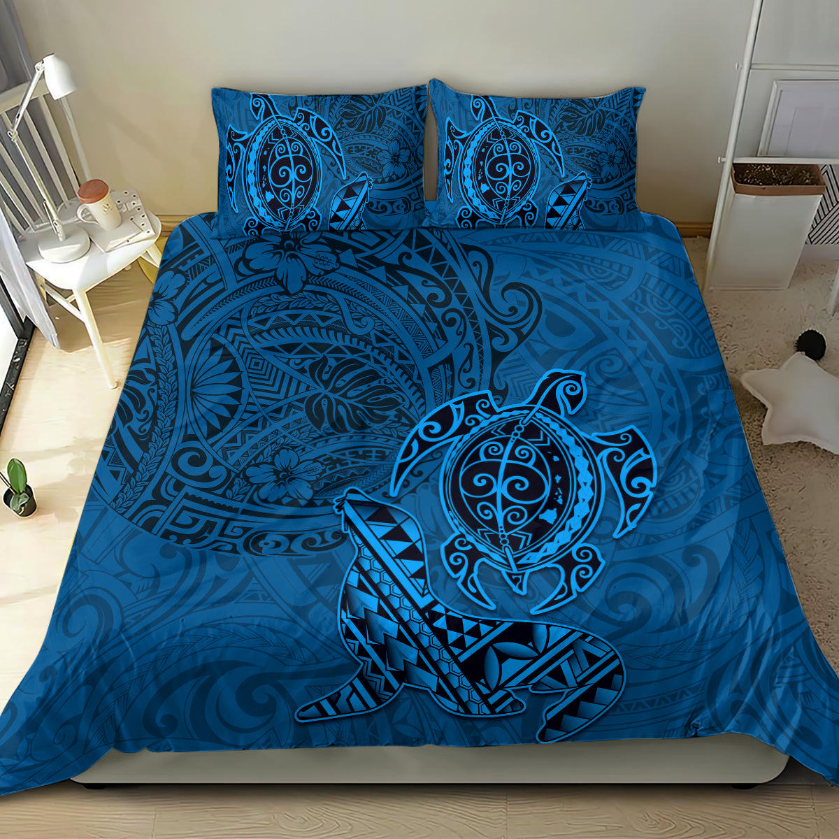 Hawaii Monk Seal and Dolphin Bedding Set Polynesian Kakau Pattern Blue LT03 - Polynesian Pride