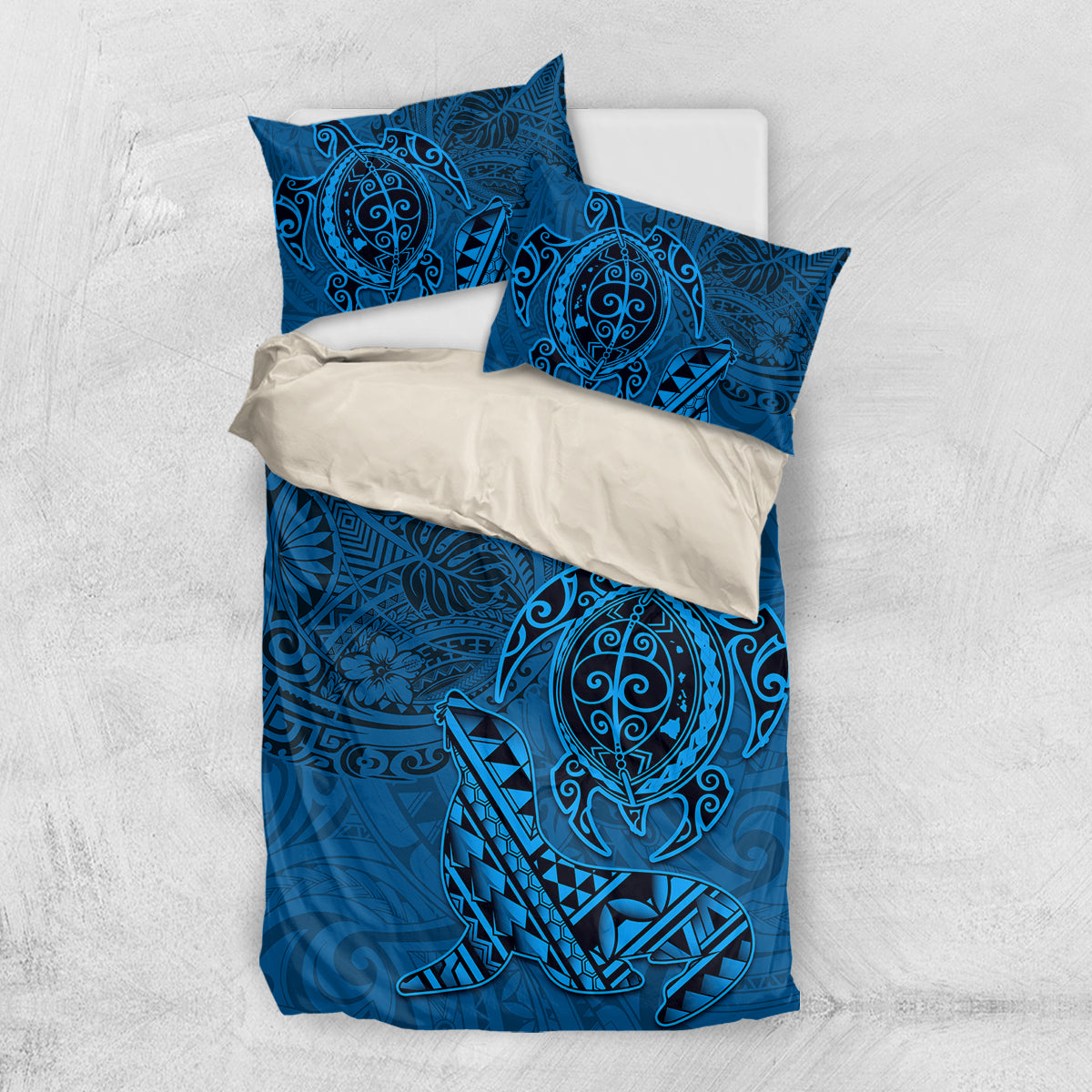 Hawaii Monk Seal and Dolphin Bedding Set Polynesian Kakau Pattern Blue LT03 US Twin 172cm x 218cm Blue - Polynesian Pride