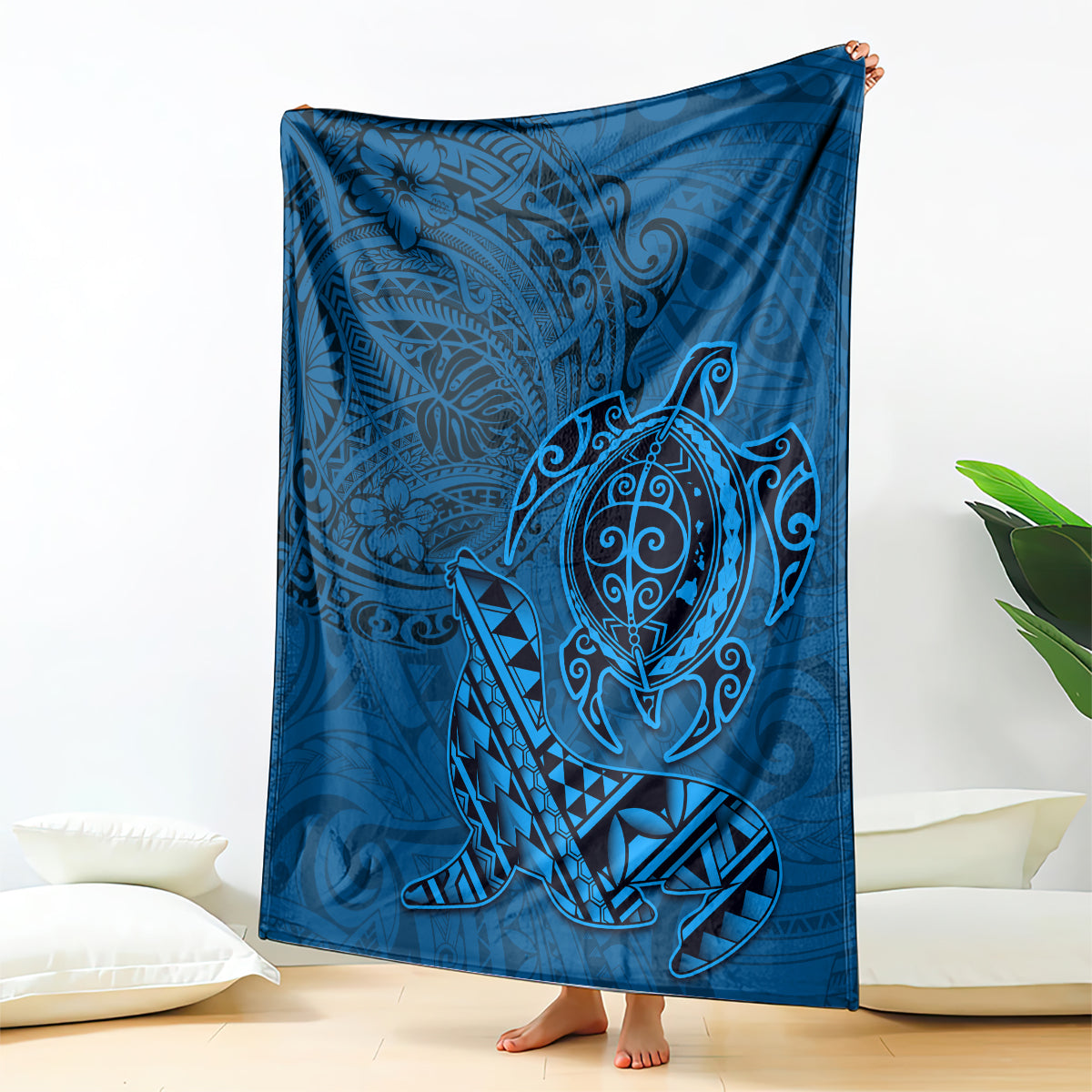Hawaii Monk Seal and Dolphin Blanket Polynesian Kakau Pattern Blue LT03 - Polynesian Pride