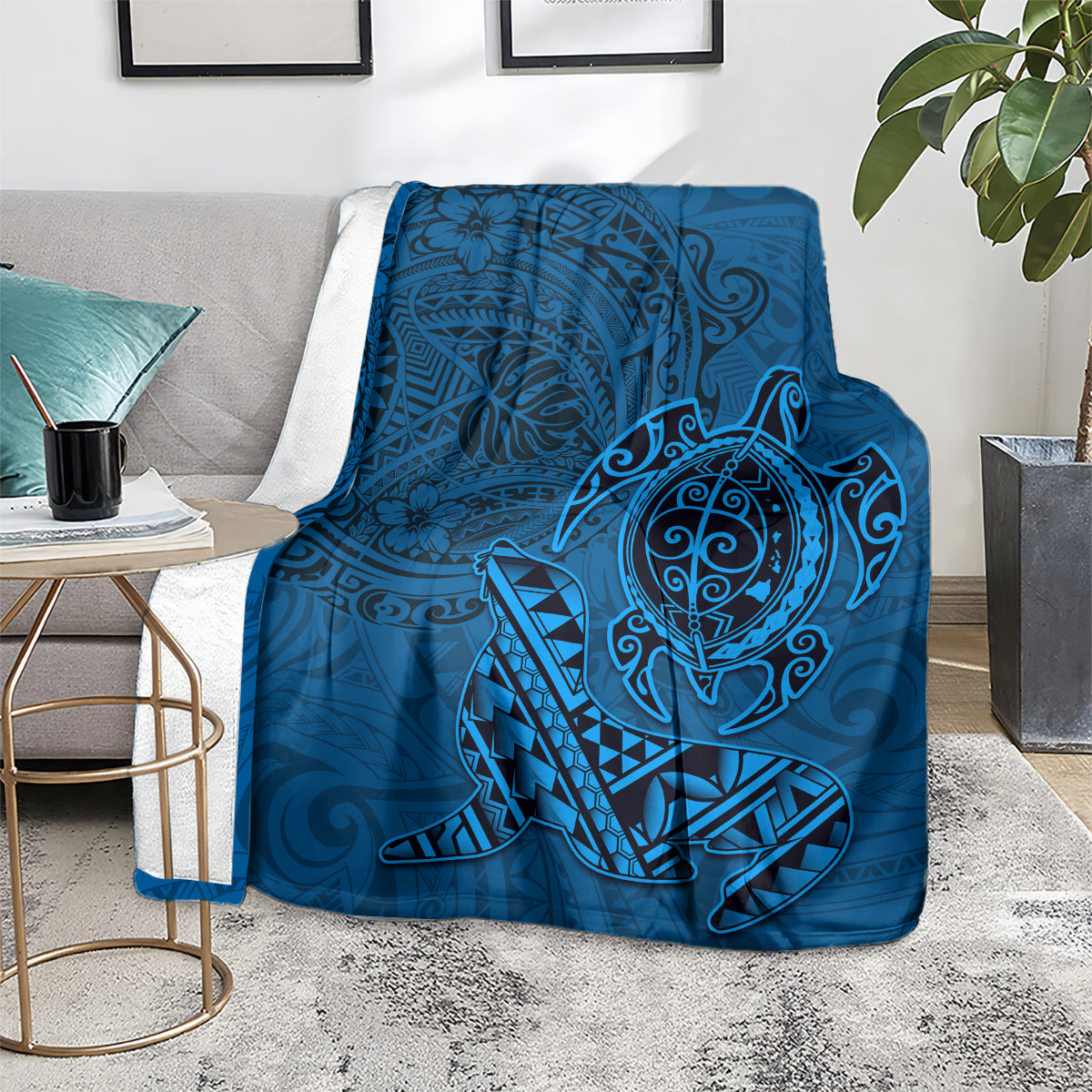 Hawaii Monk Seal and Dolphin Blanket Polynesian Kakau Pattern Blue LT03 - Polynesian Pride