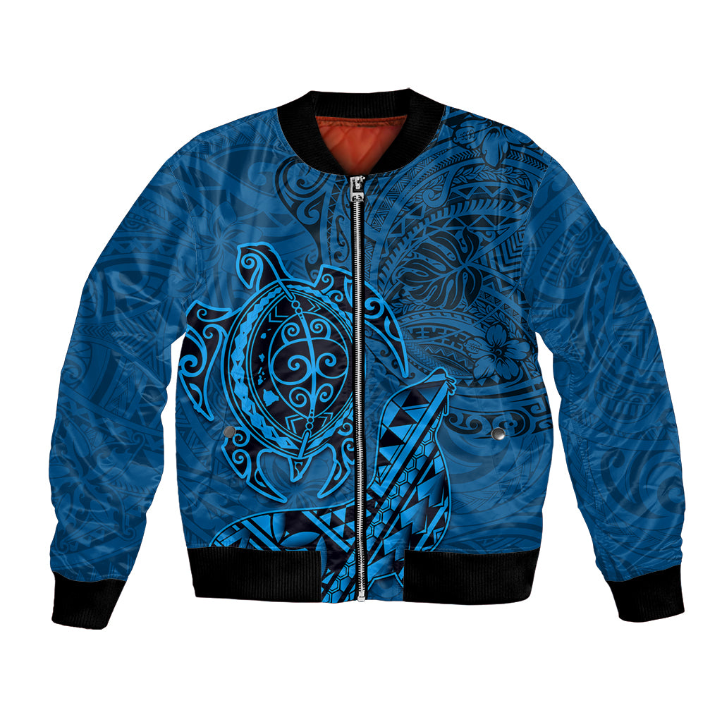 Hawaii Monk Seal and Dolphin Bomber Jacket Polynesian Kakau Pattern Blue LT03 Unisex Blue - Polynesian Pride