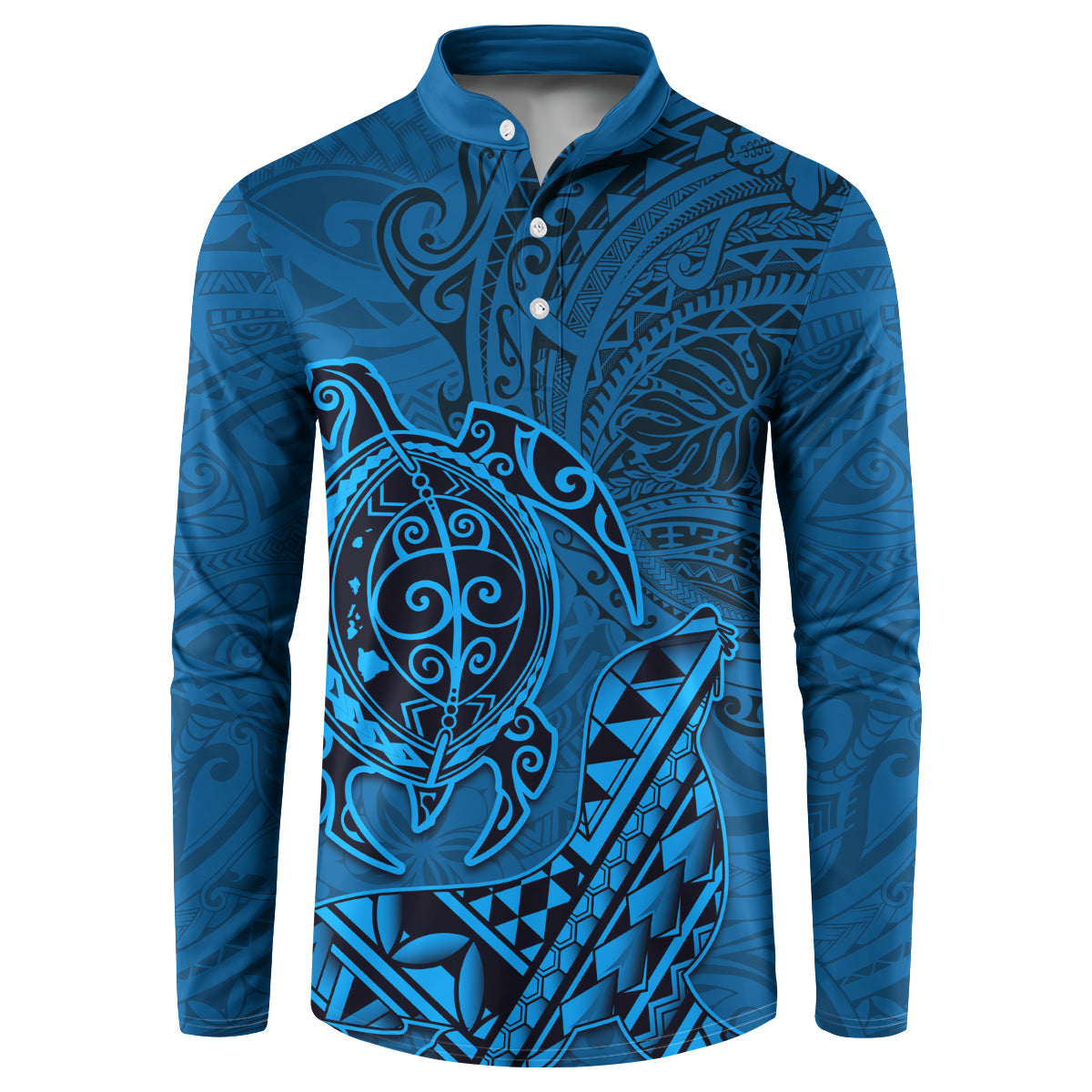 Hawaii Monk Seal and Dolphin Button Sweatshirt Polynesian Kakau Pattern Blue LT03 Blue - Polynesian Pride