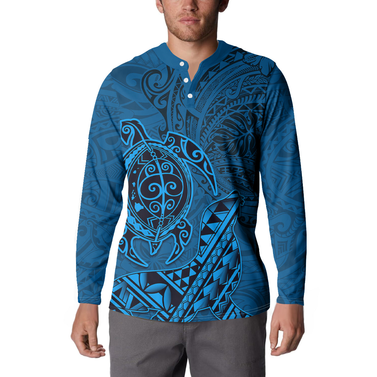 Hawaii Monk Seal and Dolphin Button Sweatshirt Polynesian Kakau Pattern Blue LT03 - Polynesian Pride