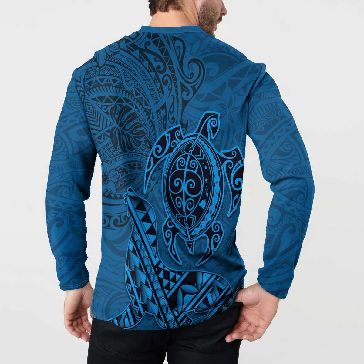 Hawaii Monk Seal and Dolphin Button Sweatshirt Polynesian Kakau Pattern Blue LT03 - Polynesian Pride