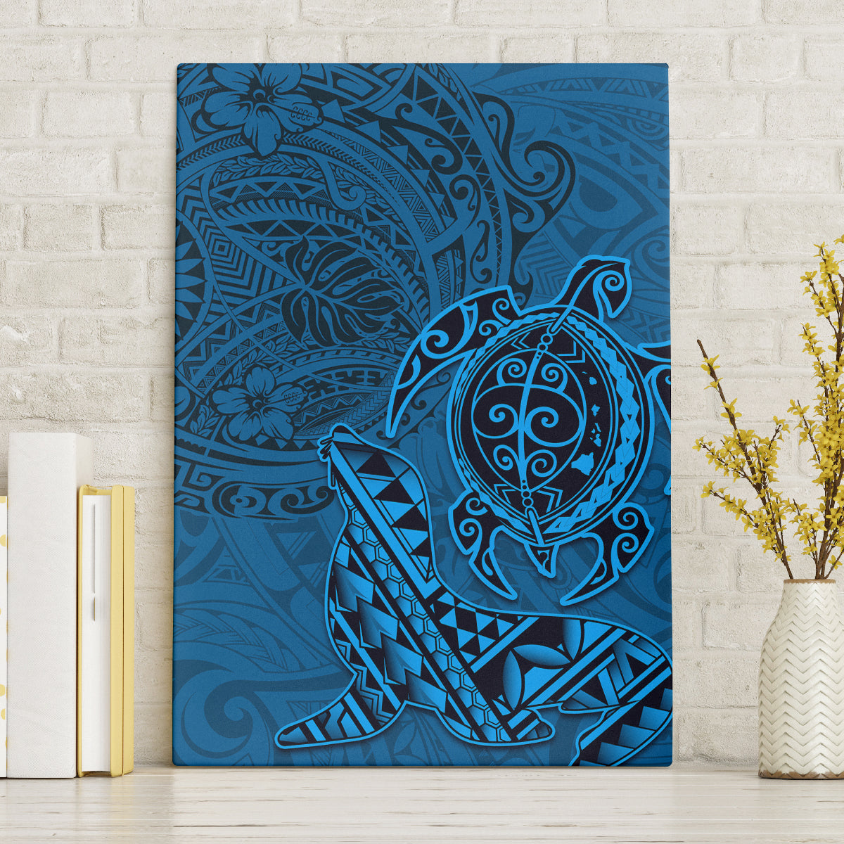 Hawaii Monk Seal and Dolphin Canvas Wall Art Polynesian Kakau Pattern Blue LT03 Without Frame Blue - Polynesian Pride
