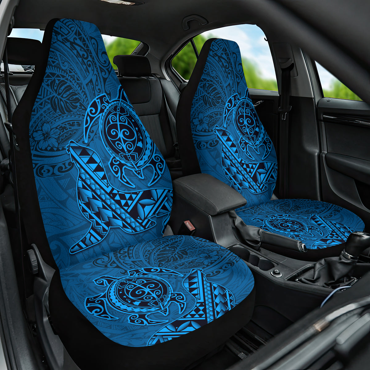 Hawaii Monk Seal and Dolphin Car Seat Cover Polynesian Kakau Pattern Blue