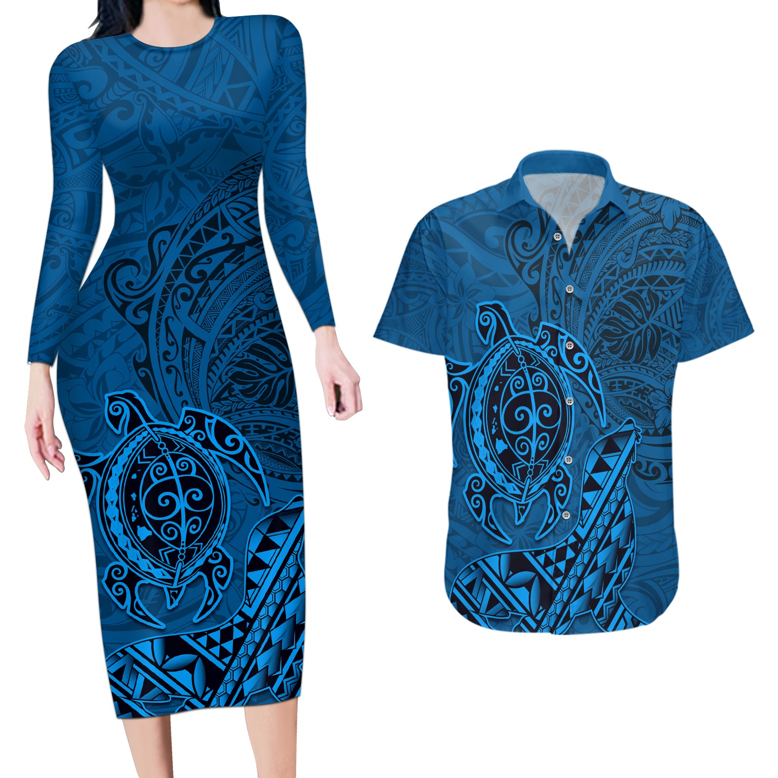 Hawaii Monk Seal and Dolphin Couples Matching Long Sleeve Bodycon Dress and Hawaiian Shirt Polynesian Kakau Pattern Blue